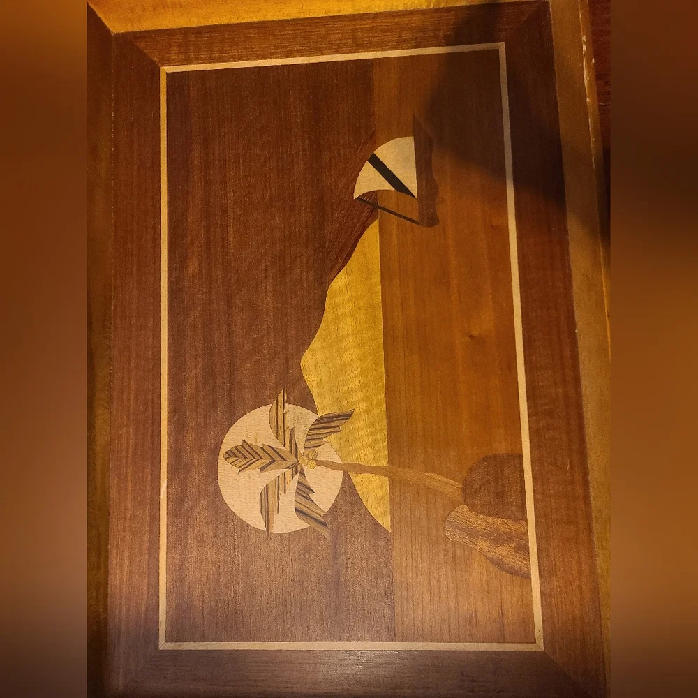 Vintage Marquetry Inlaid Wood Serving Tray Tropical theme 19.5 X 13